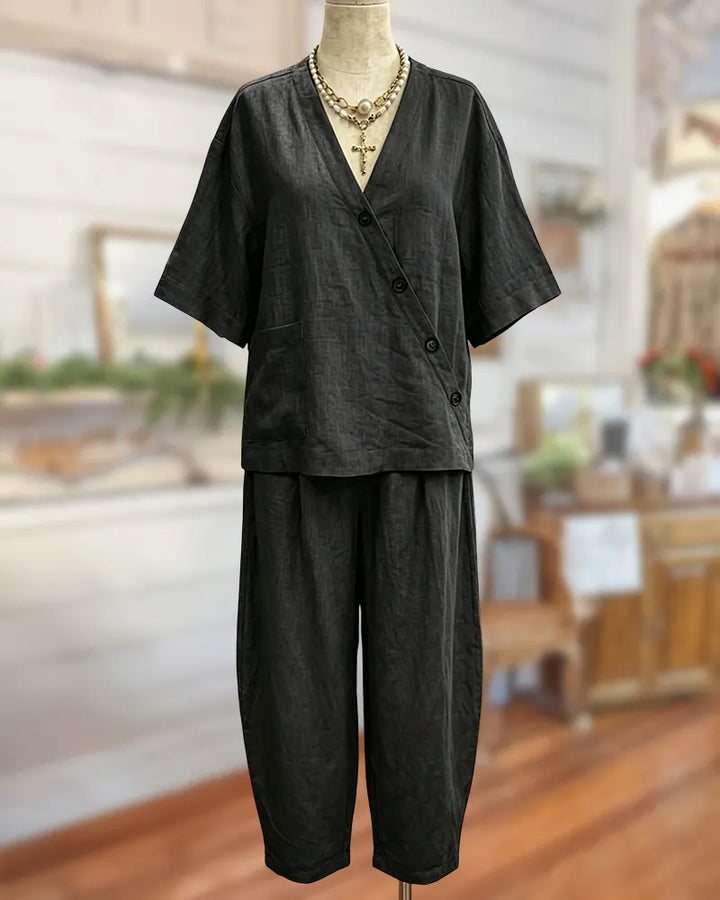 Solid Color V Neck Side Button Top And Pants Set