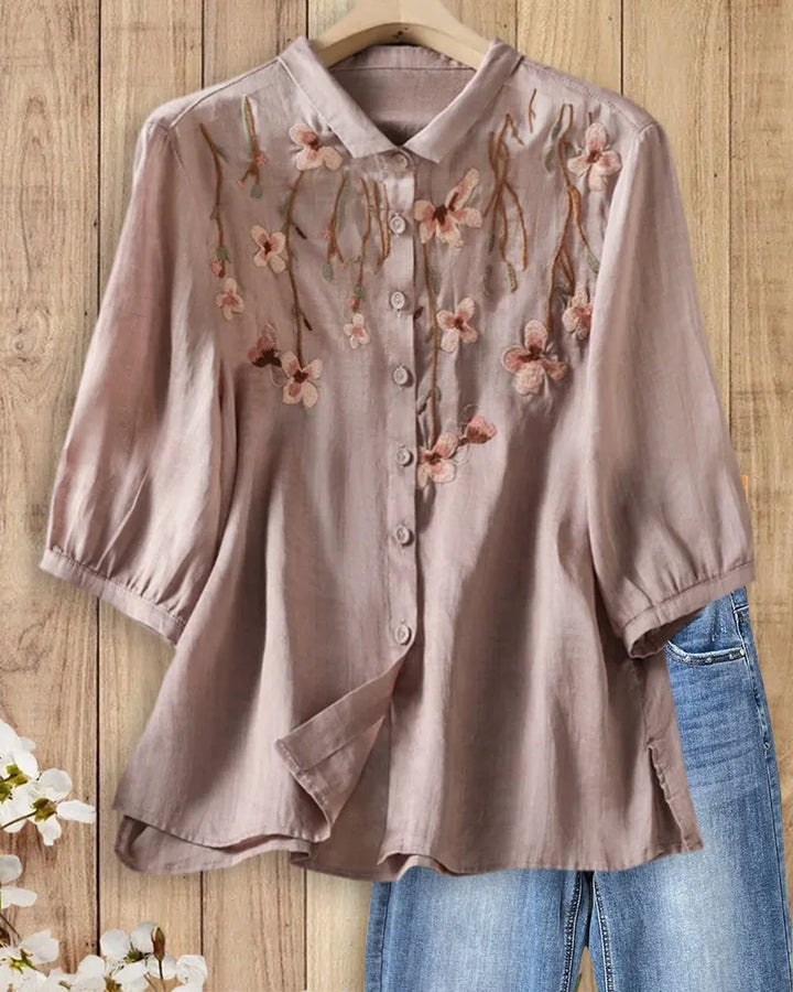 Floral Embroidered Collared Button Front 3/4 Sleeve Blouse