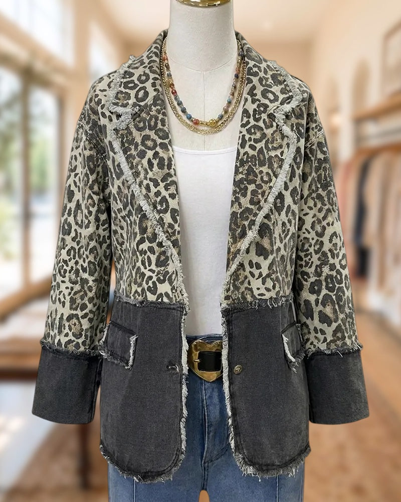 Leopard Print Patchwork Frayed Edge Lapel Jacket
