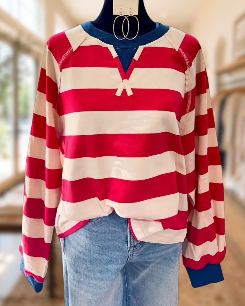 Striped Raglan Sleeve Crew Neck Contrast Trim Casual Sweatshirt