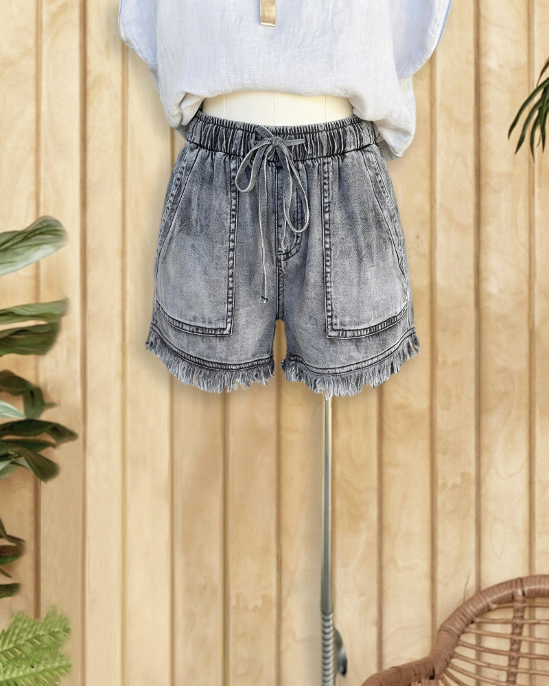 Solid Color Denim Casual Drawstring Frayed Shorts