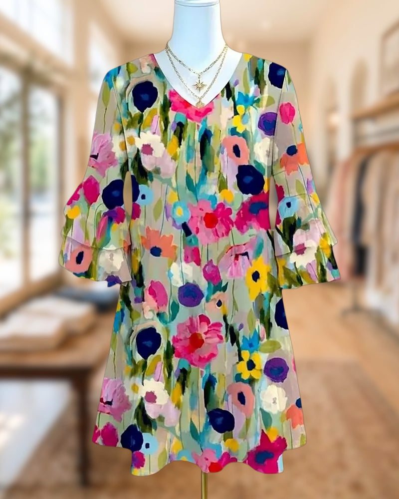 V Neck Flare Sleeve Floral Print Shift Mini Dress