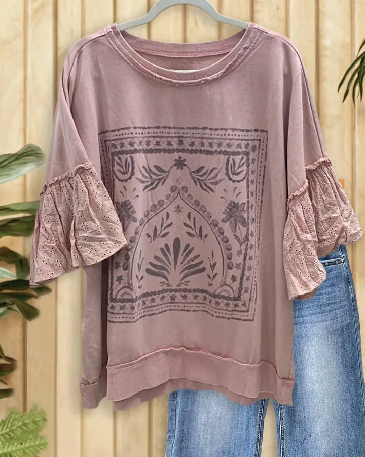 Floral Print Round Neck Ruffle Sleeve Girly Shirt
