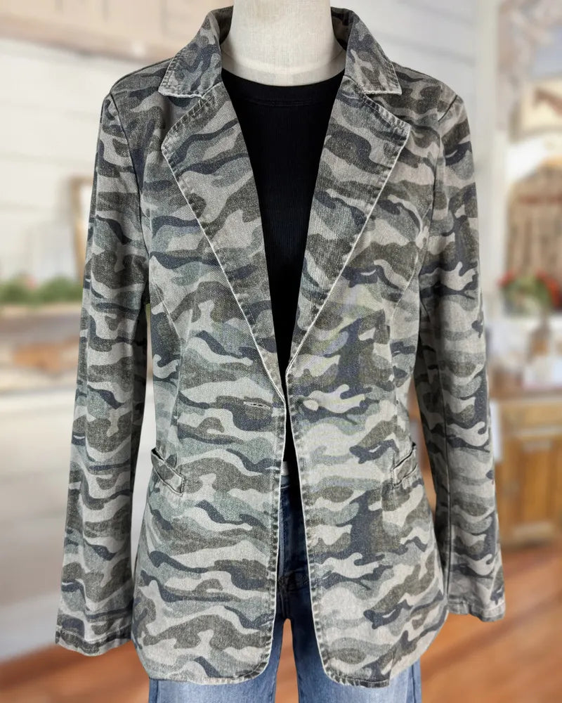 Camo Print Notched Lapel Single Button Casual Blazer