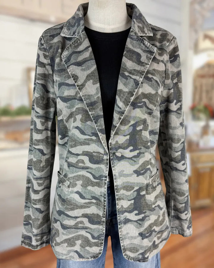 Camo Print Notched Lapel Single Button Casual Blazer