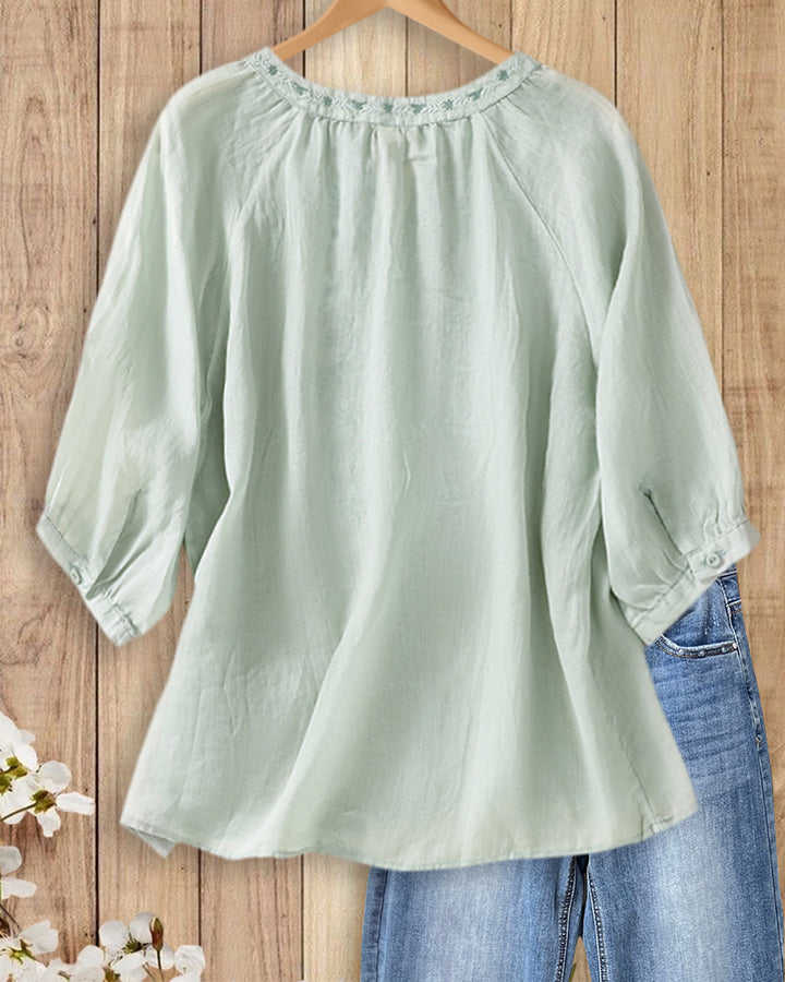 Floral Embroidered V Neck 3/4 Sleeve Loose Casual Blouse