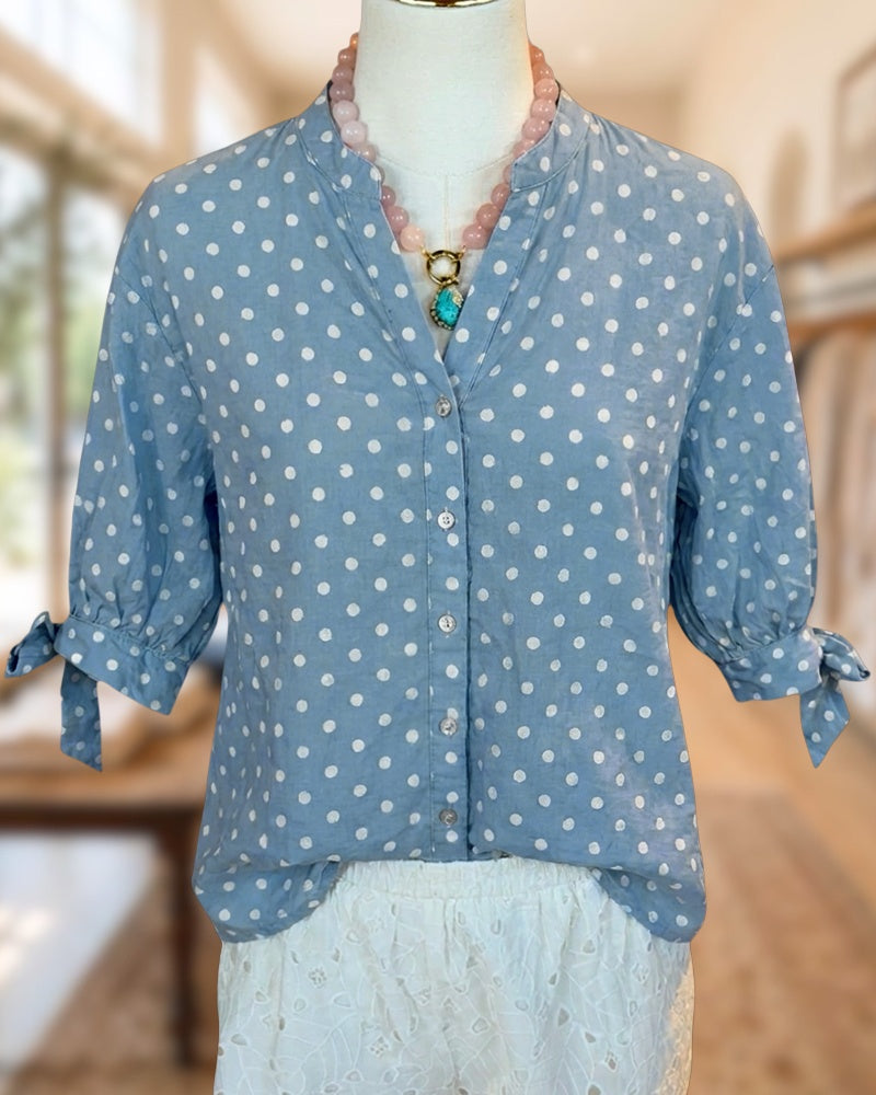 Polka Dot Button Front Tie Cuff V Neck Blouse