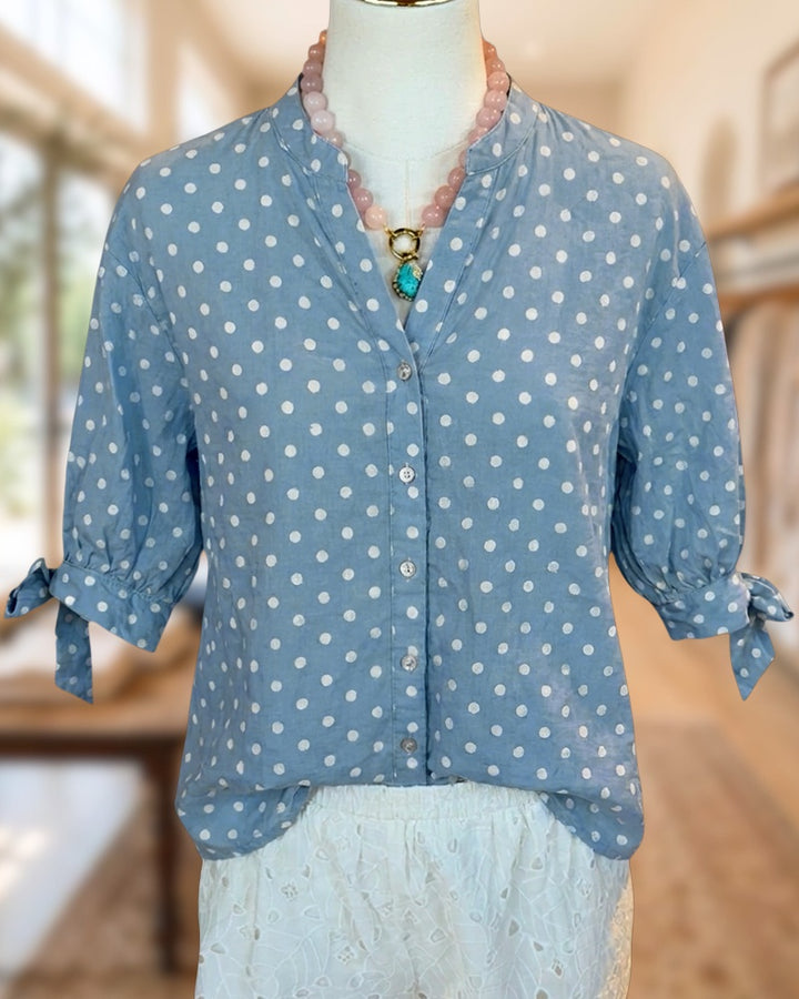 Polka Dot Button Front Tie Cuff V Neck Blouse