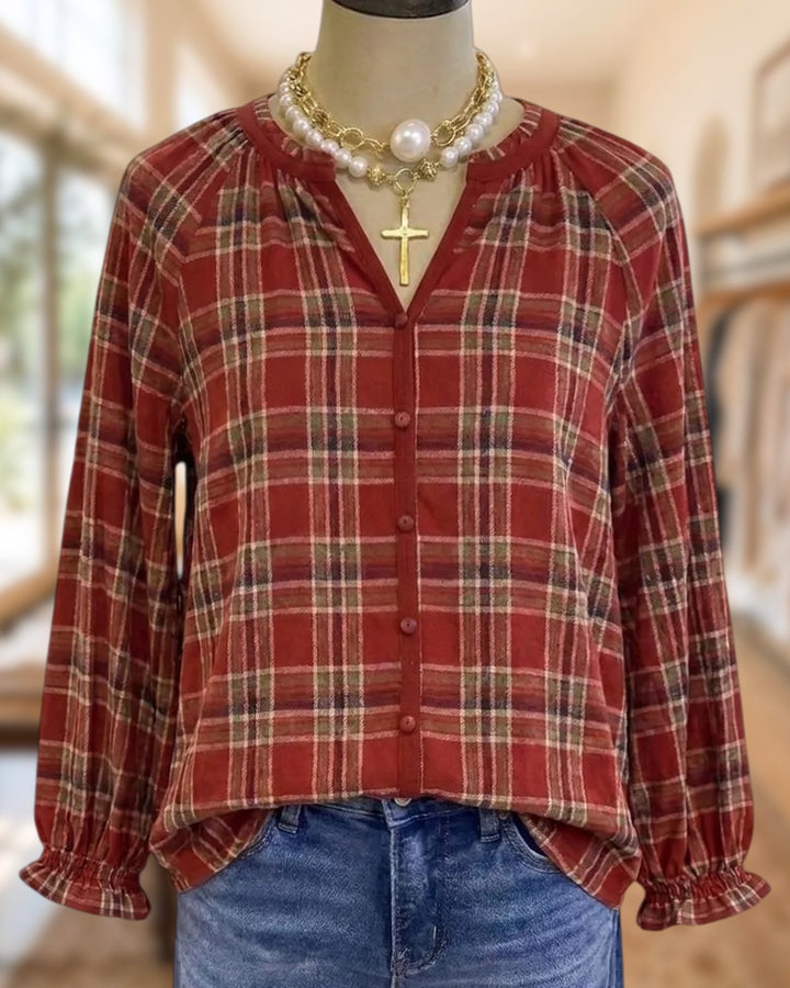 Plaid V Neck Button Front Long Sleeve Classic Blouse
