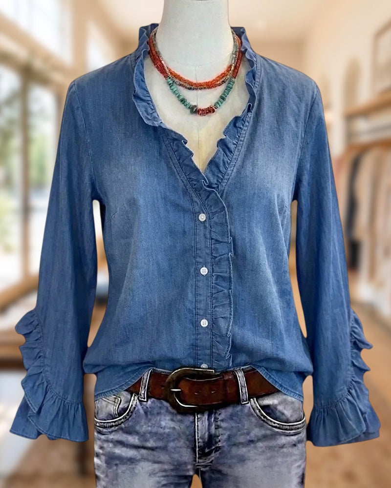 Ruffled Trim V Neck Button Up Long Sleeve Blouse