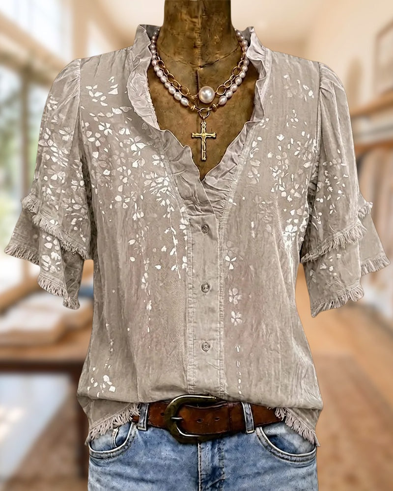 Ruffle Trim V Neck Tiered Sleeve Floral Button Front Blouse