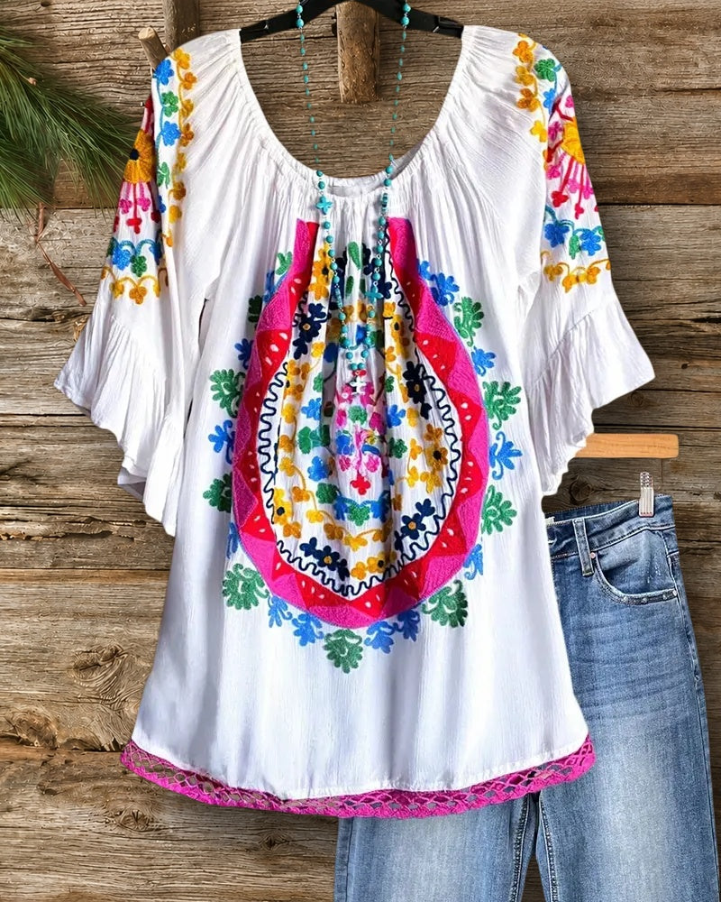 Geometric Print Flare Sleeve Scoop Neck Blouse with Lace Hem