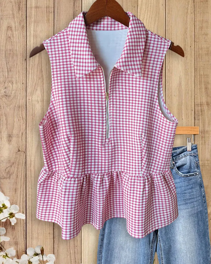 Collared Half Zip Sleeveless Peplum Hem Gingham Blouse