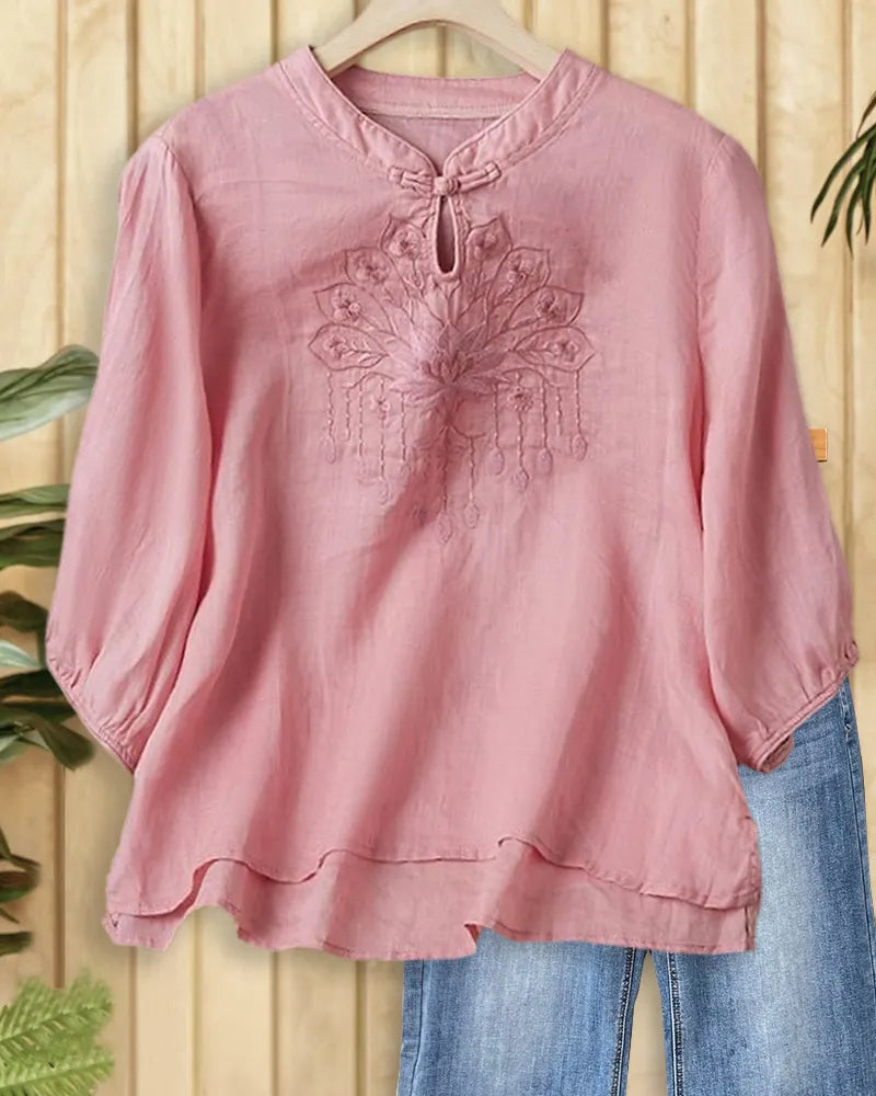 Mandarin Collar Frog Closure Embroidered 3/4 Sleeve Loose Blouse