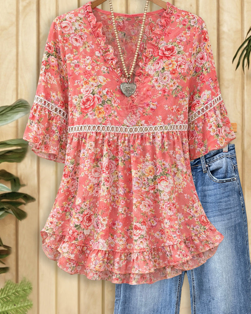 Floral Print Lacy Insert Floaty Ruffle Sleeve Blouse