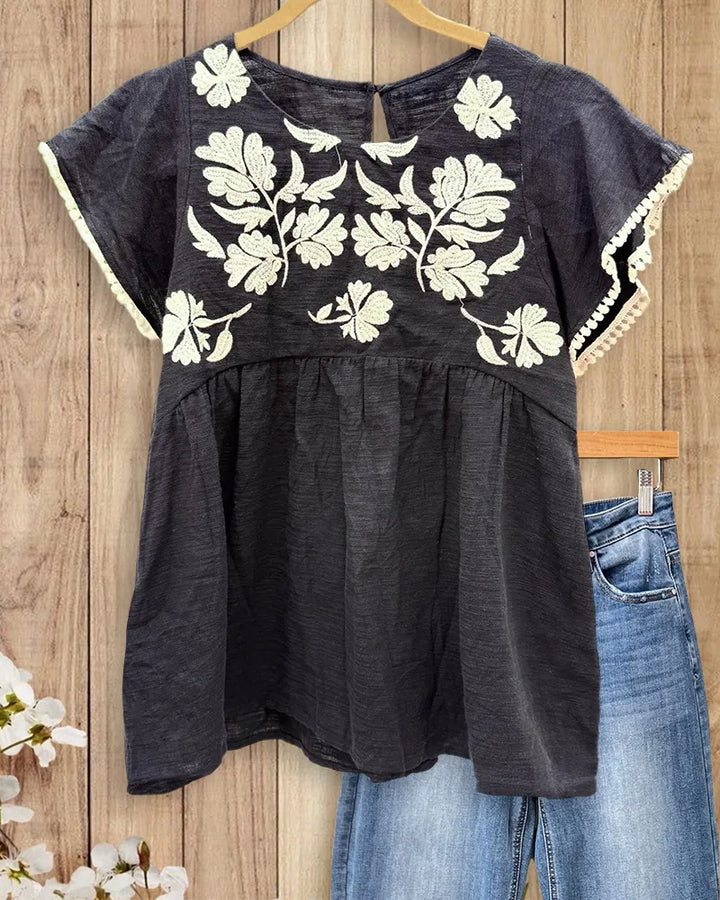 Floral Embroidered Round Neck Pom-pom Trim Blouse