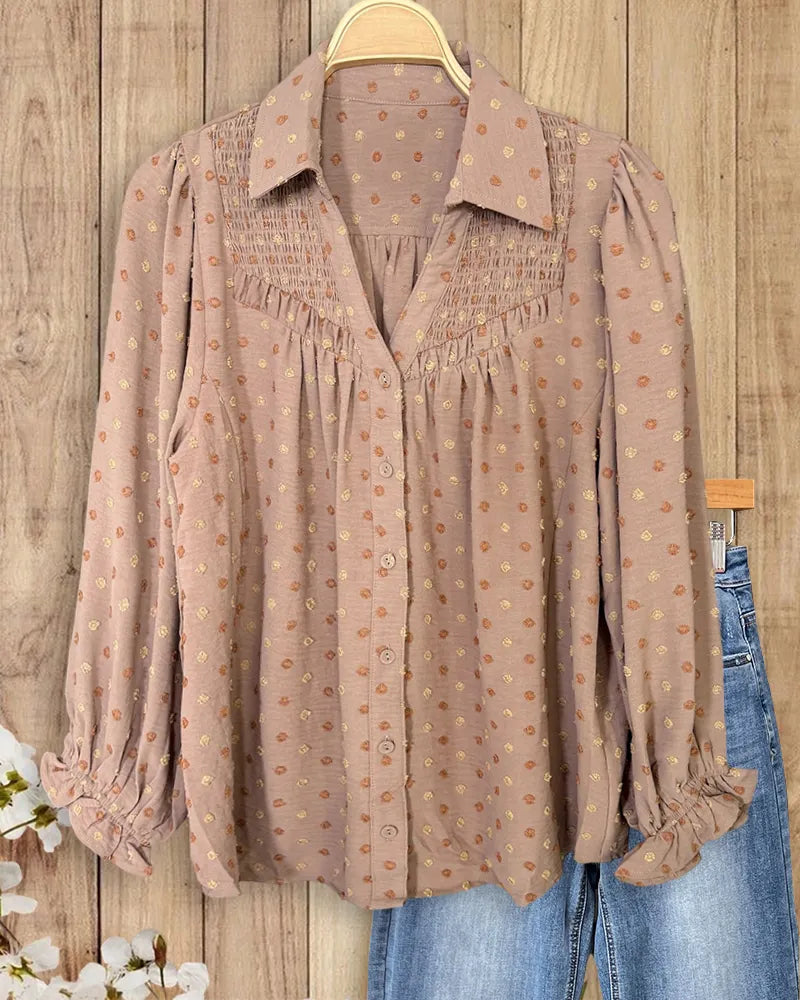 Collared Smocked Ruffle Cuff Button Front Polka Dot Blouse