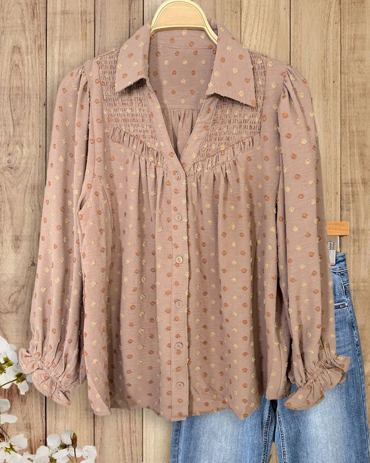 Collared Smocked Ruffle Cuff Button Front Polka Dot Blouse