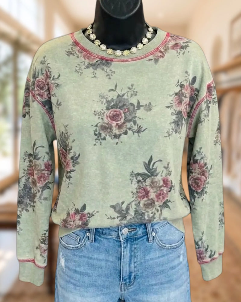 Casual Floral Print Contrast Stitching Crew Neck Long Sleeve Sweatshirt