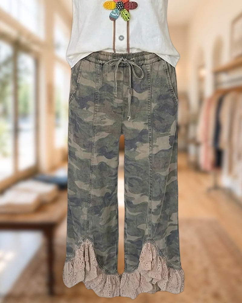 Camo Print Lacy Ruffle Hem Drawstring Waist Casual Pants