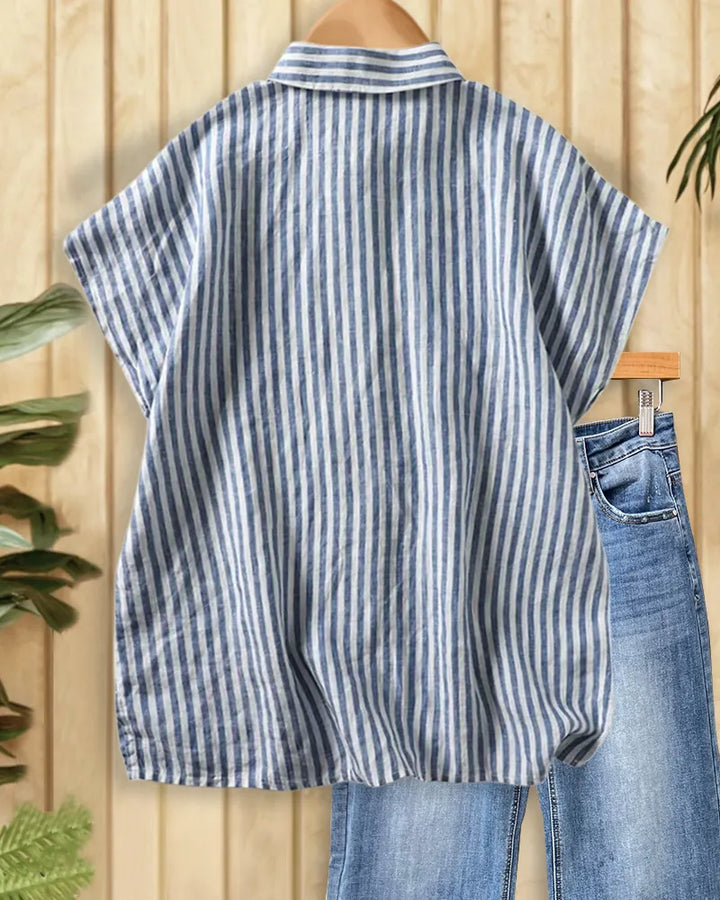 Striped Button Front Peter Pan Collar Short Sleeve Loose Casual Shirt