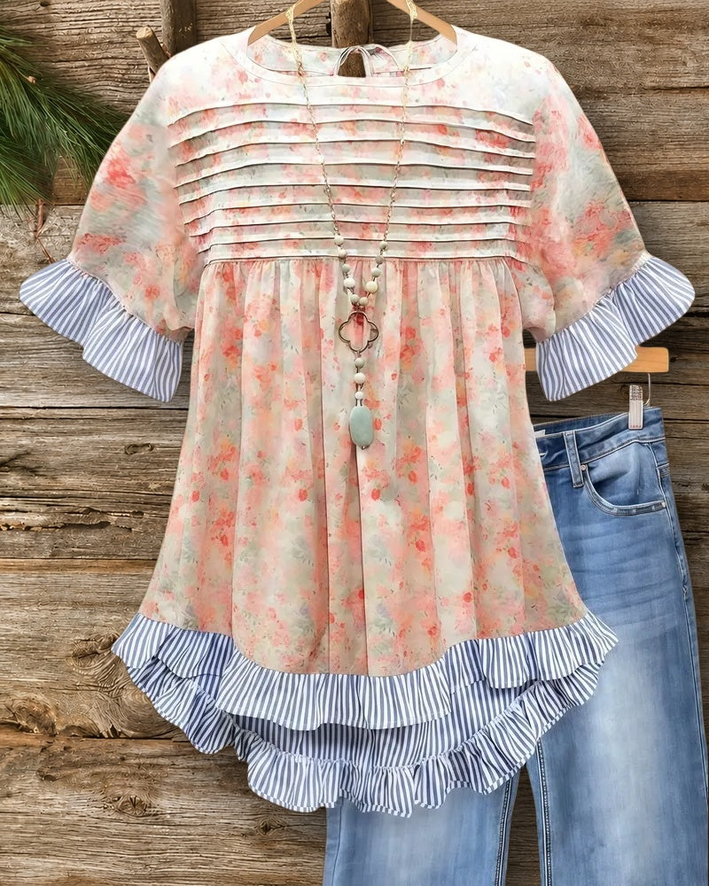 Floral Print & Striped Ruffles Trim Sweet Pleated Detail Blouse