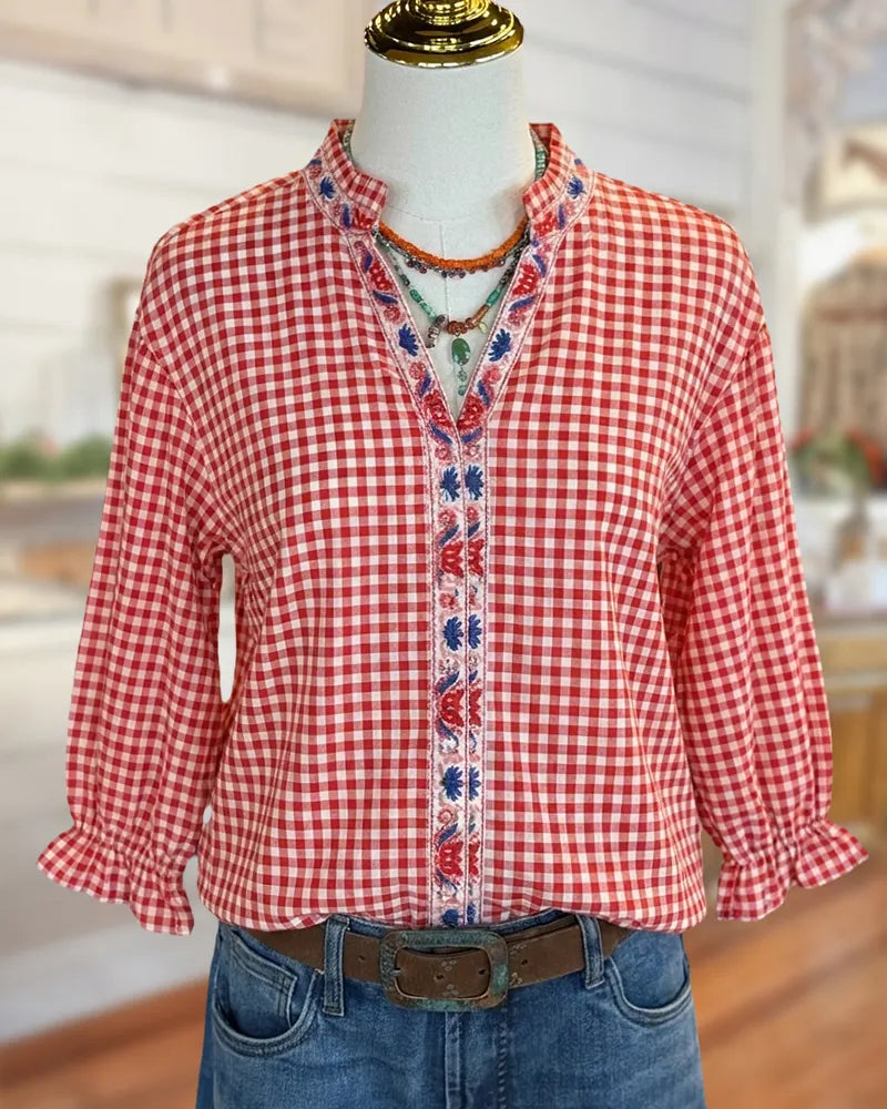 Gingham Embroidered V-Neck Ruffle Cuff Casual Relaxed Blouse