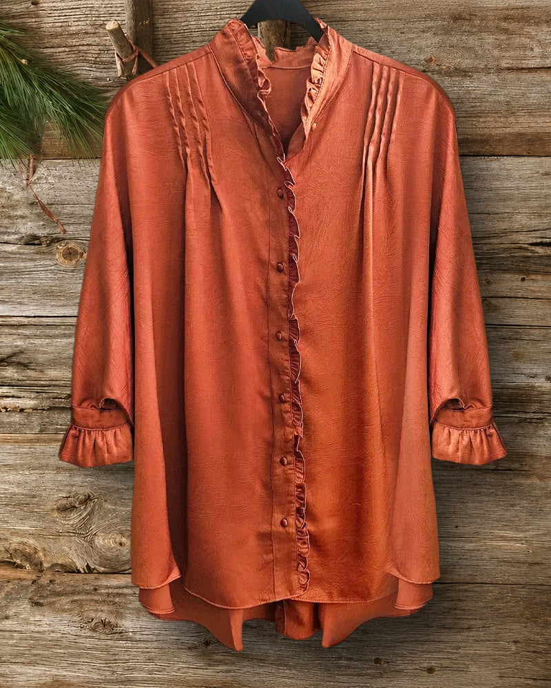 Solid Color Elegant Ruffles Trim Button Down Blouse