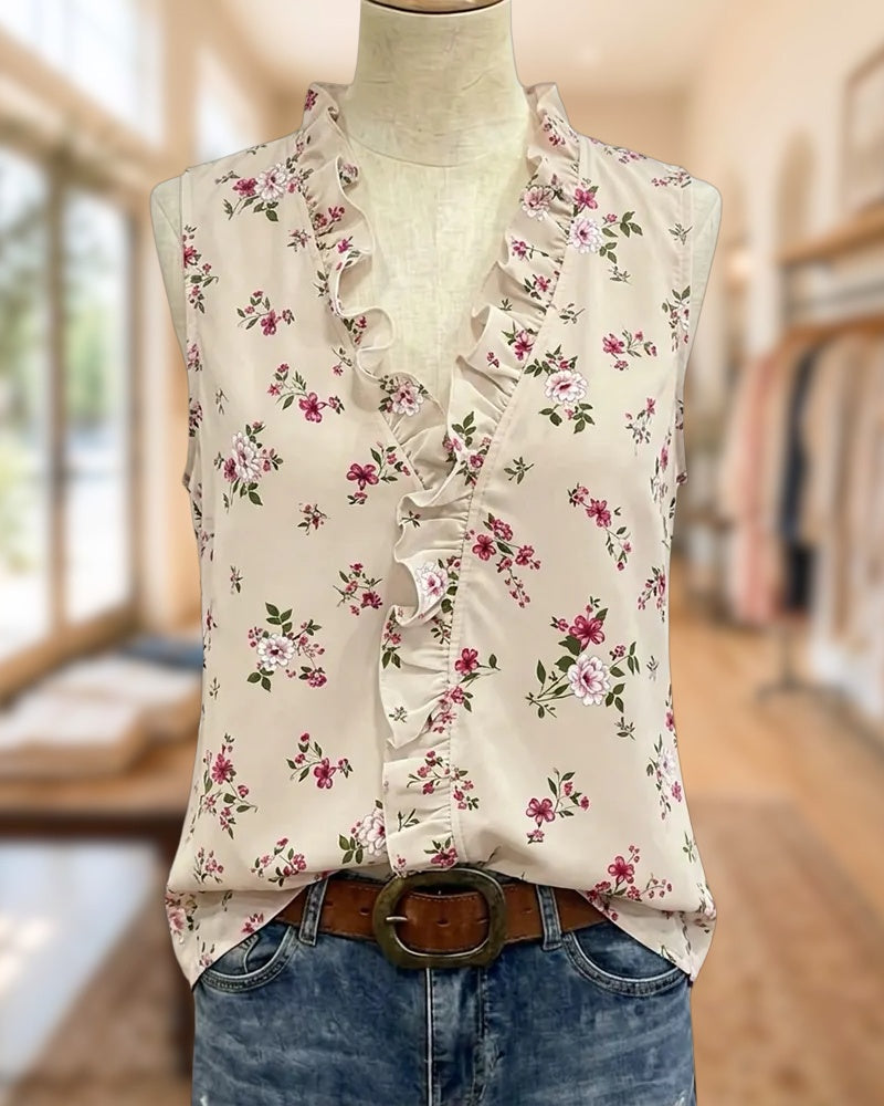 Floral Print Ruffle Trim V Neck Sleeveless Casual Blouse