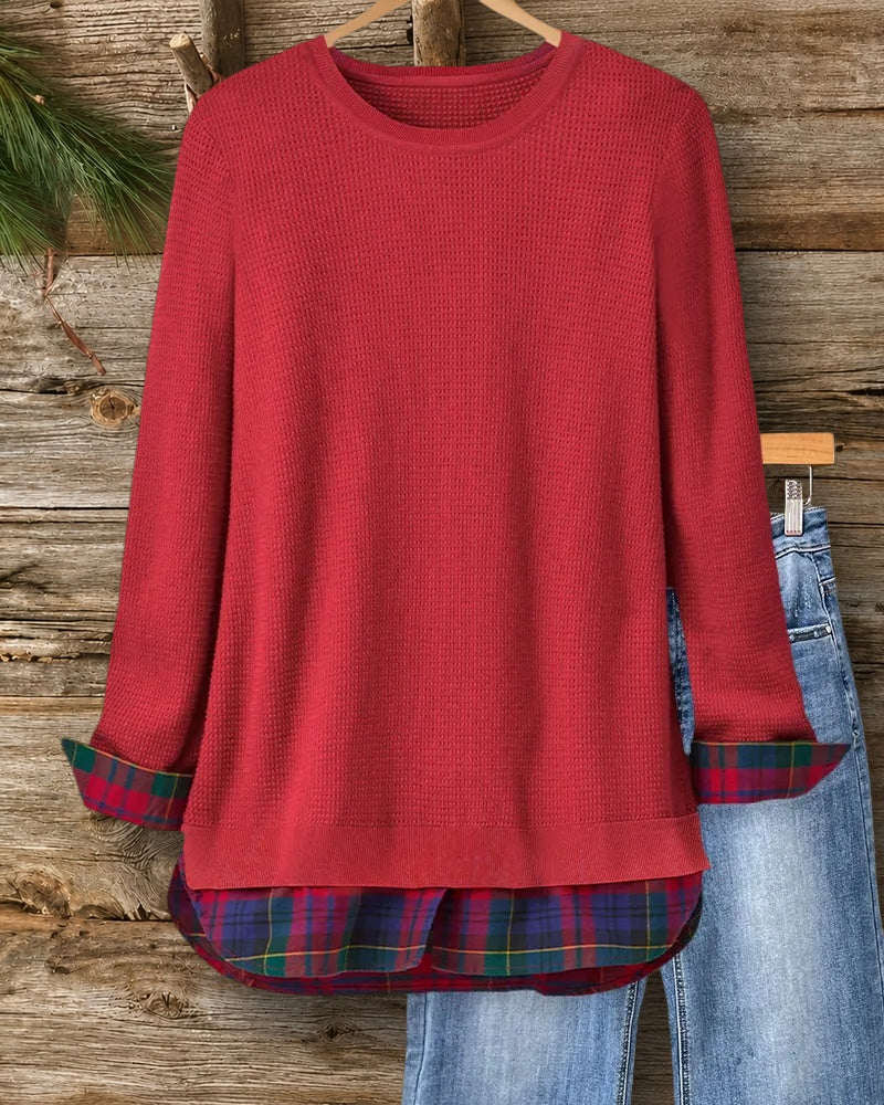 Patchwork Plaid Layered Commuting Waffle Sweatshirt
