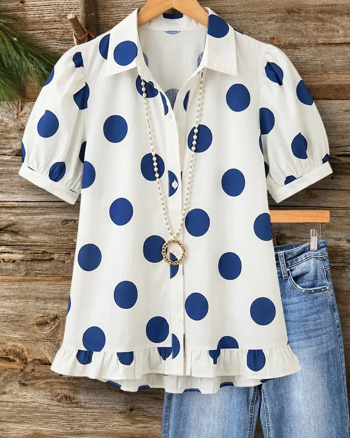 Polka Dot Puff Sleeve Ruffle Hem Blouse