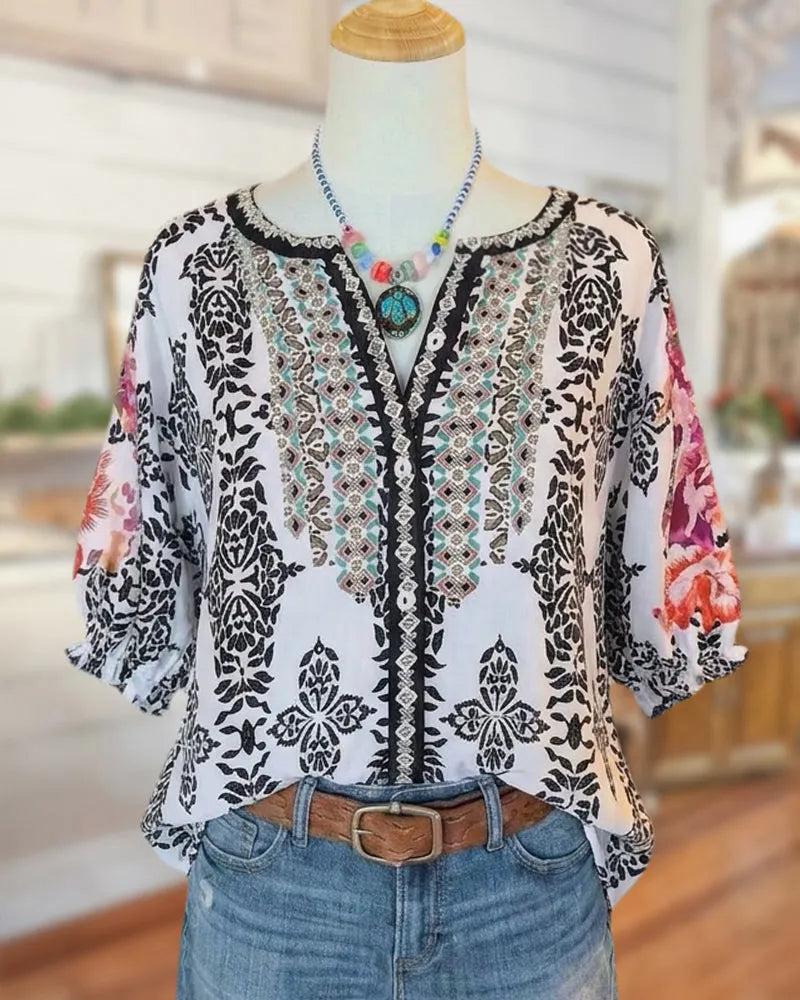 Floral Print Lace Trim Split Neck Half Sleeve Loose Blouse