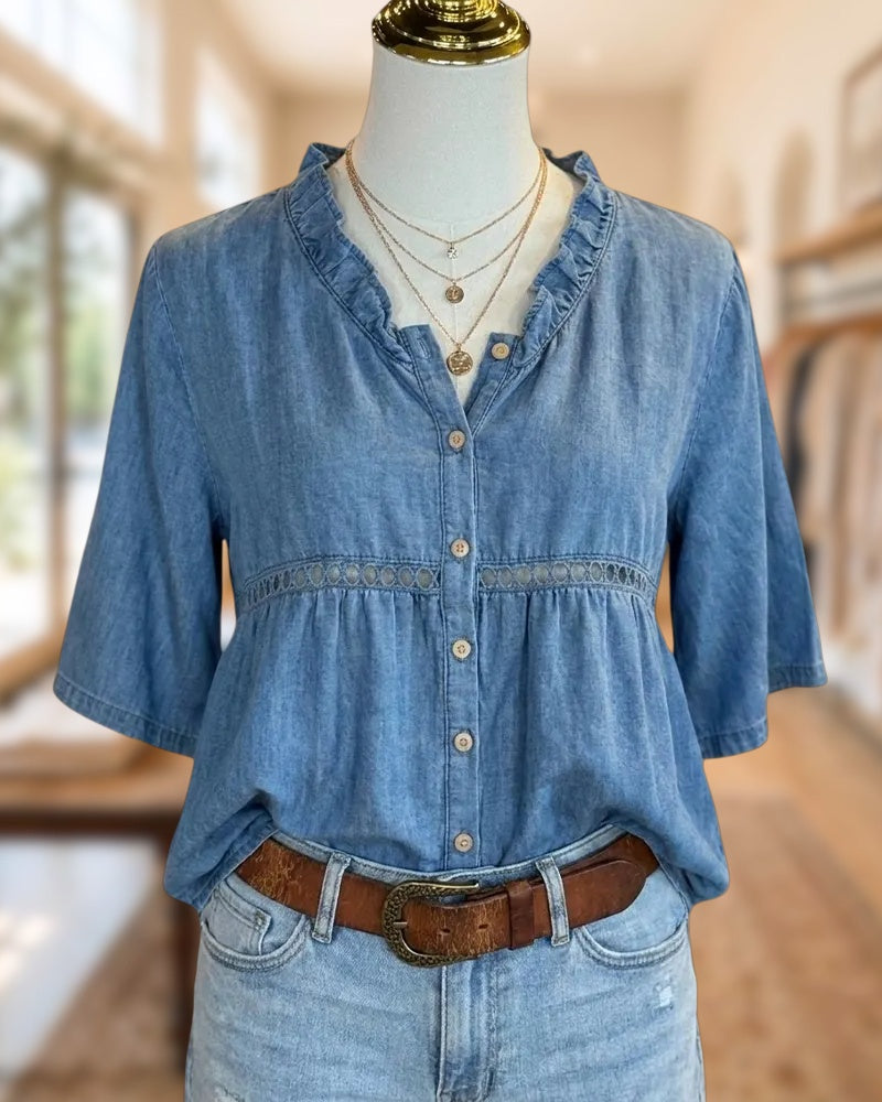 Ruffle Neck Button Front Half Sleeve Eyelet Gathered Blouse
