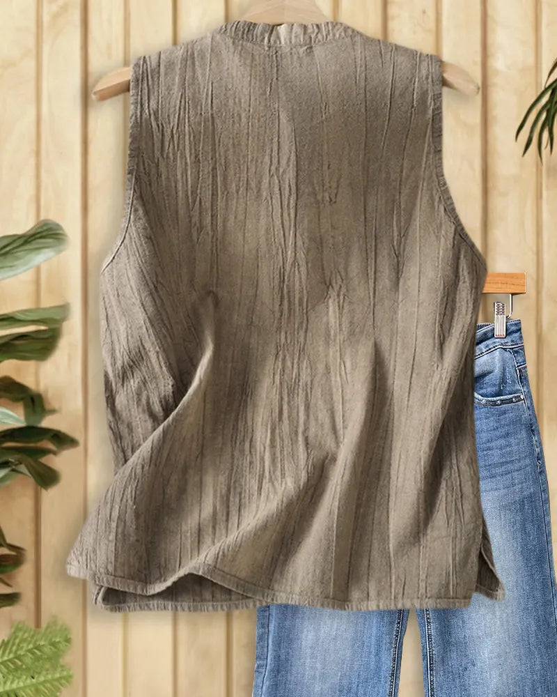 Mandarin Collar Frog Button Sleeveless Crinkle Side Slit Tank Top