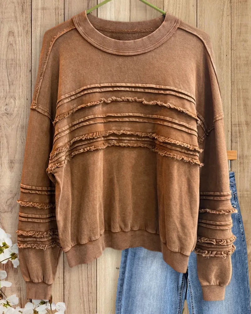 Frayed Trim Crew Neck Drop Shoulder Cozy Chic Sweatshirt