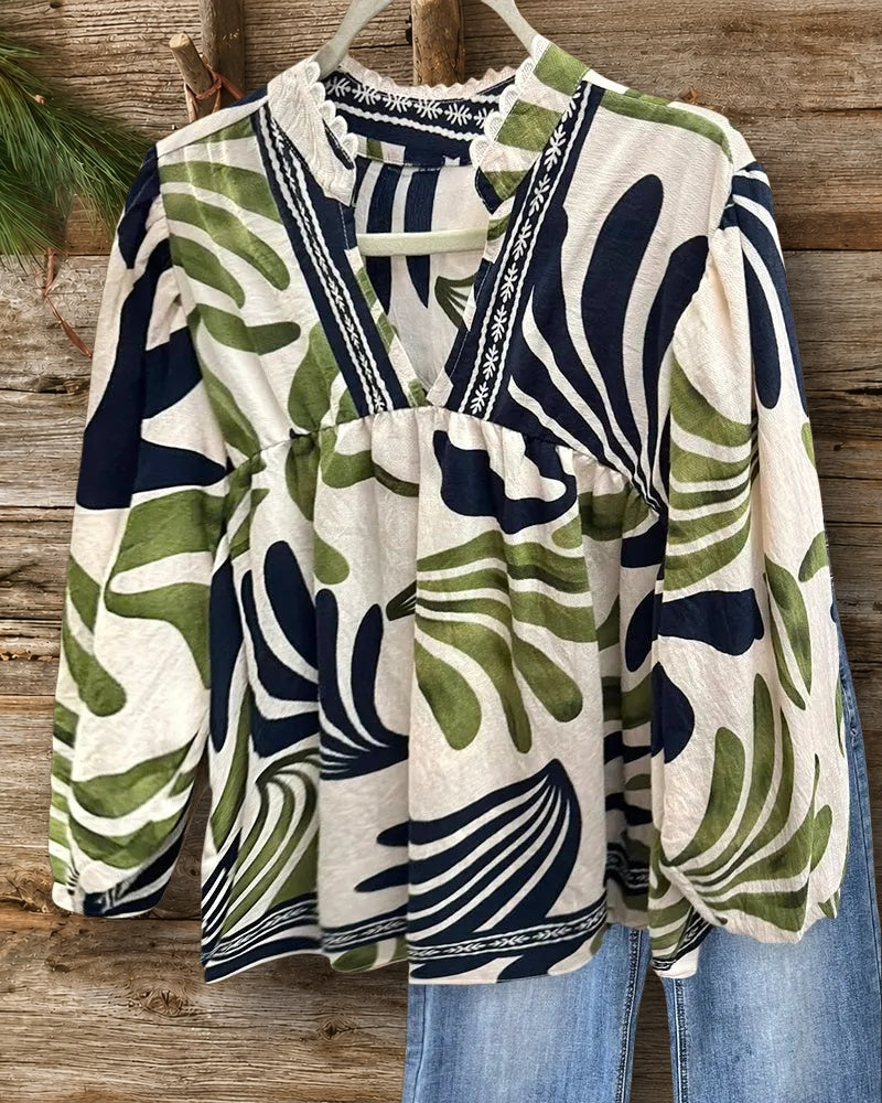 Abstract Print Retro Scalloped Trim V Neck Blouse