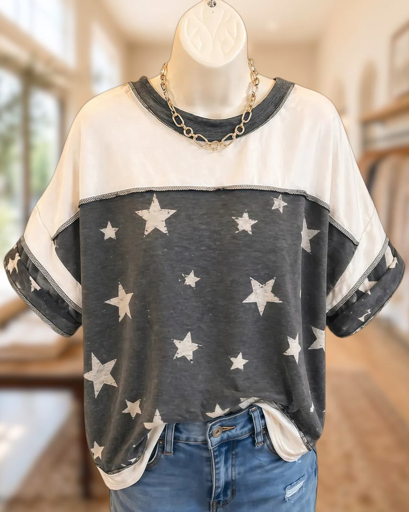 Color Block Star Print Exposed Stitching Rolled Cuff Casual T-shirt