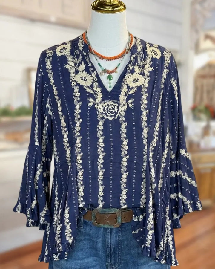 Embroidered V Neck Ruffle Hem Blouse