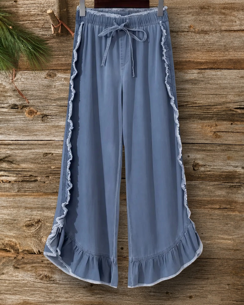 Solid Color Washed Pretty Ruffled Flared Jeans