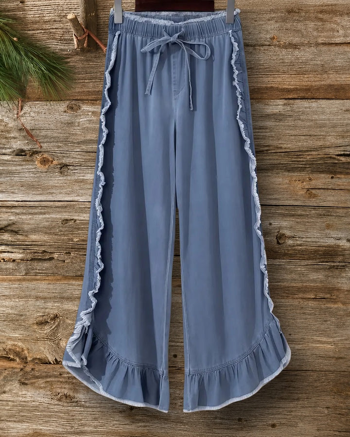 Solid Color Washed Pretty Ruffled Flared Jeans