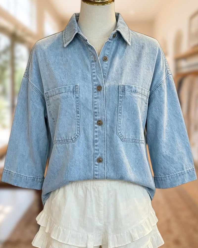 3/4 Sleeve Lapel Chest Pockets Shirt