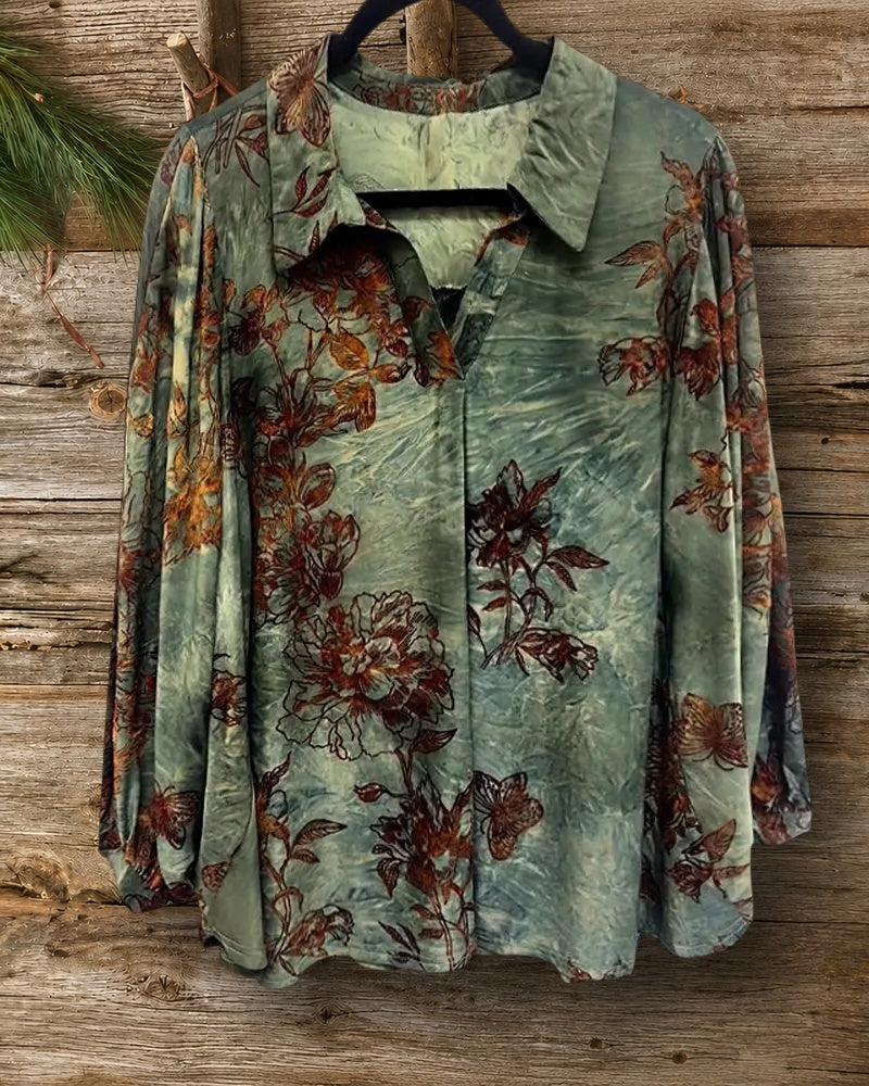 Floral Print Retro V Neck Blouse