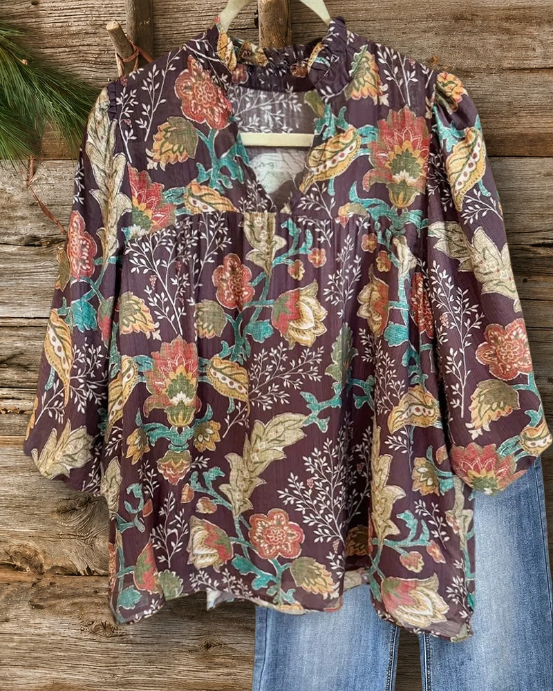 Floral Print Boho V Neck Puff Sleeve Blouse