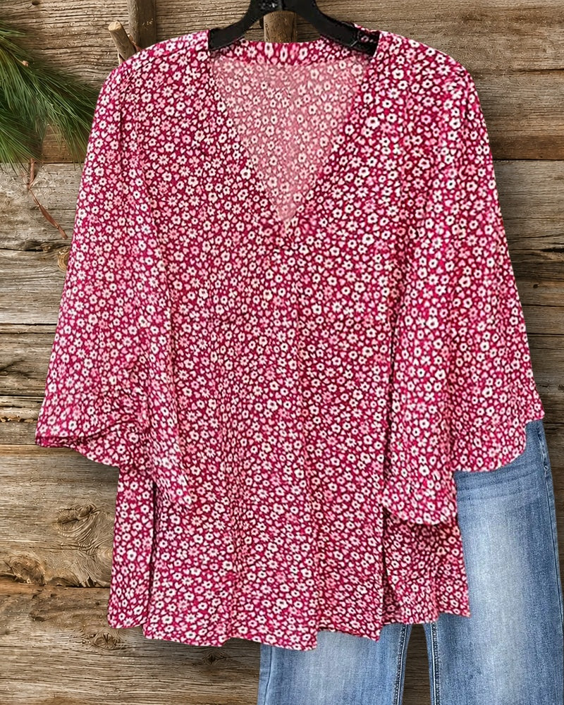 Floral Print V Neck Bell Sleeve Pastoral Blouse