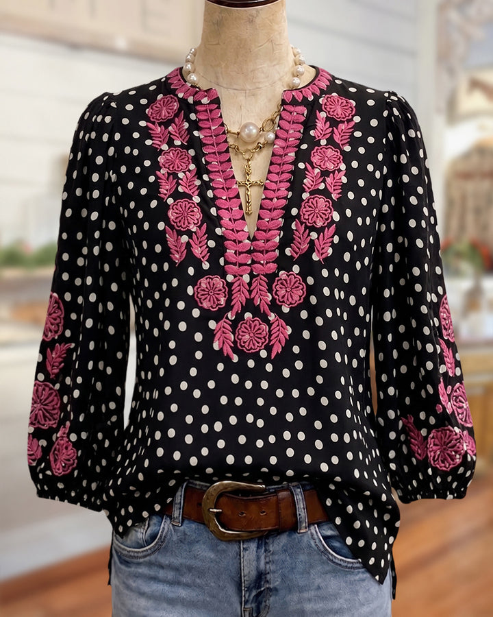 Polka Dot & Floral Embroidery V Neck 3/4 Sleeve Blouse