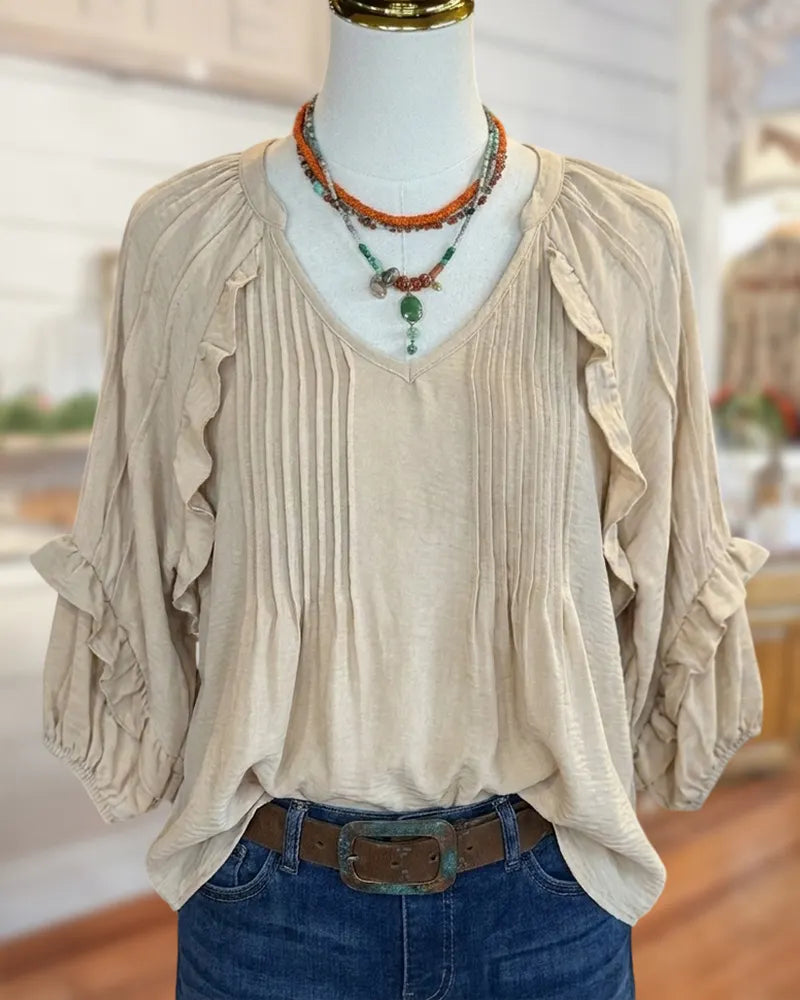 V Neck Ruffled Pleated Tie Detail Loose Casual Blouse