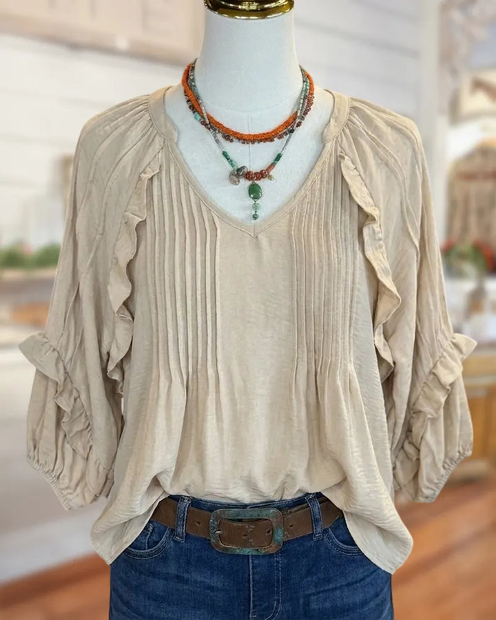 V Neck Ruffled Pleated Tie Detail Loose Casual Blouse