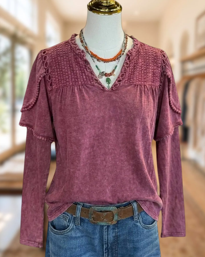 Smocked Yoke Ruffle V Neck Tiered Sleeve Casual Blouse