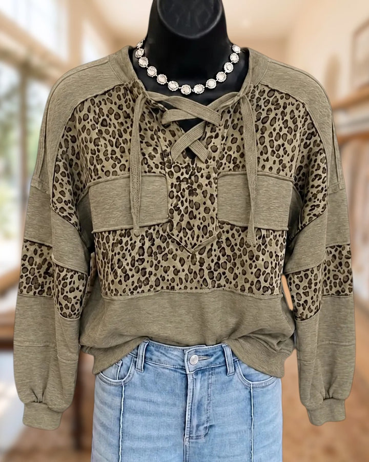 Lace Up Neck Leopard Patch Pocket Loose Casual Sweatshirt