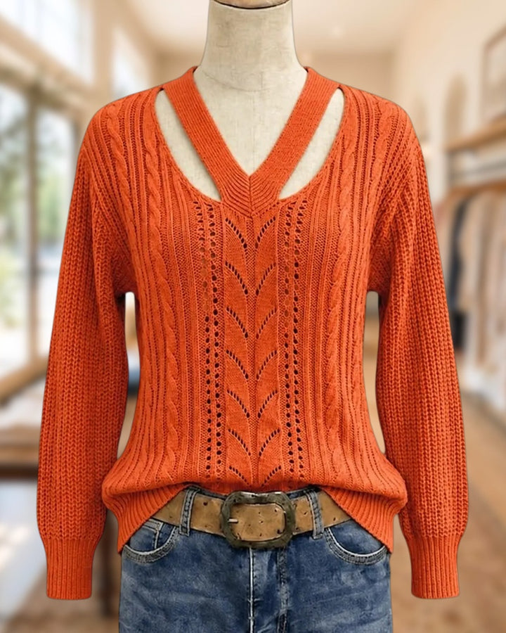 Cutout V Neck Cable Knit Long Sleeve Casual Sweater